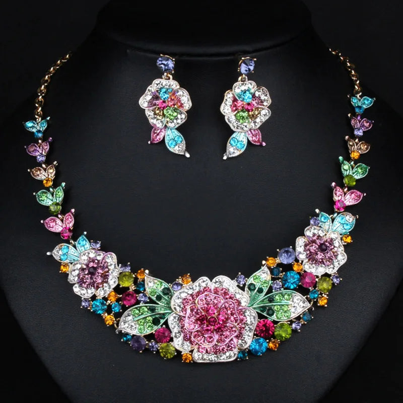 Zlxgirl Luxury Colorful women's Flower necklace And earring jewelry sets fine wedding bridal accessories sets