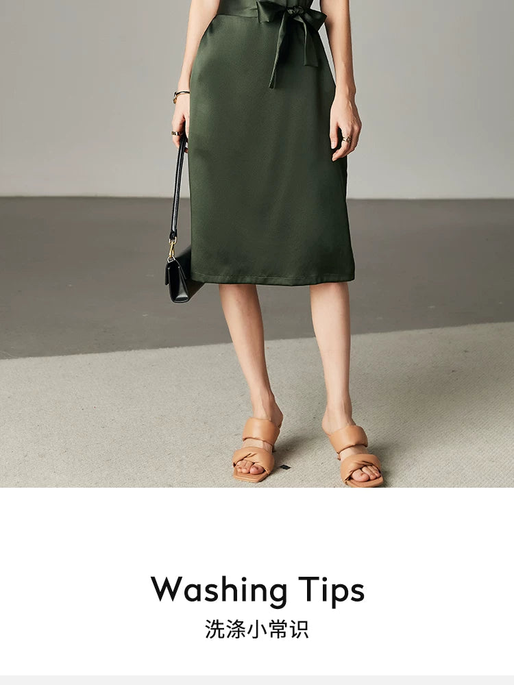 Army Green Satin Silk Dress Summer New Fashion Waist Cinching Temperament Dress, 100% Mulberry Silk A-line Workwear