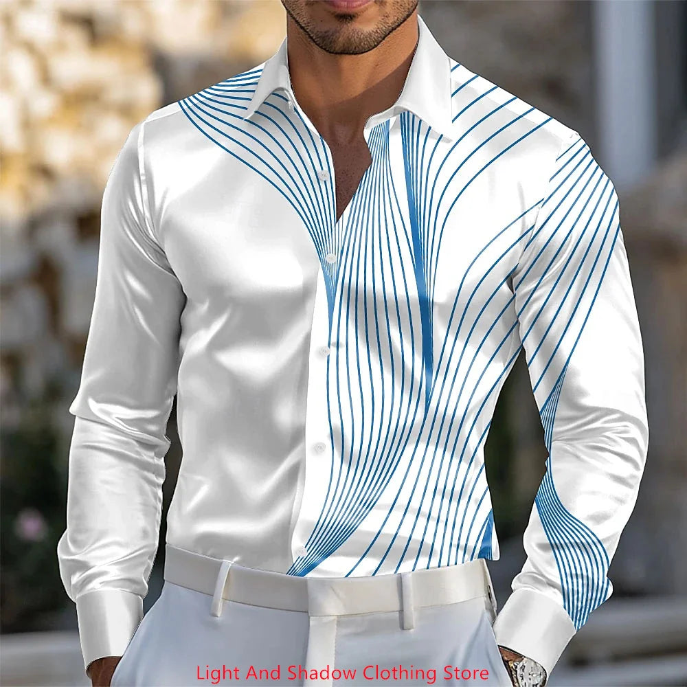 Spring and Autumn Men's Blue and White Porcelain Printed Men's Shirt Fashion Daily Vacation Collar Comfortable Soft Shirt