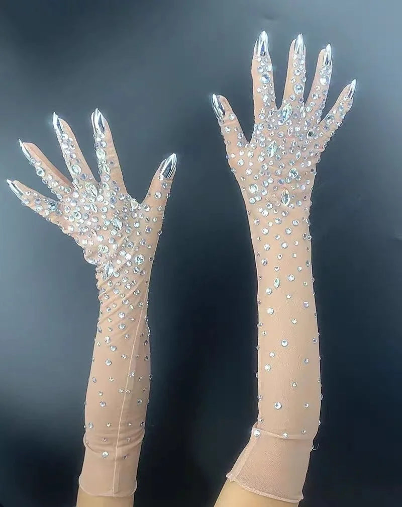 Luxurious Stretch Rhinestone Gloves WomenSparkling Crystal Mesh Long Perspective GlovesDancer Singer Stage Wear Accessories 7G