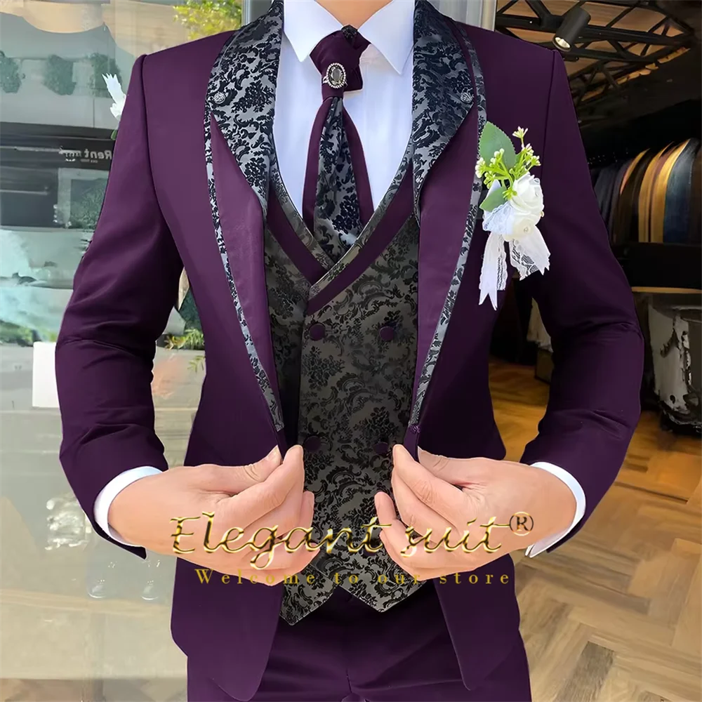Men's 3-Piece Suit Set, Black Jacquard Vest, Contrast Style, Suit, Vest & Trousers, Weddings & Celebrations Choice