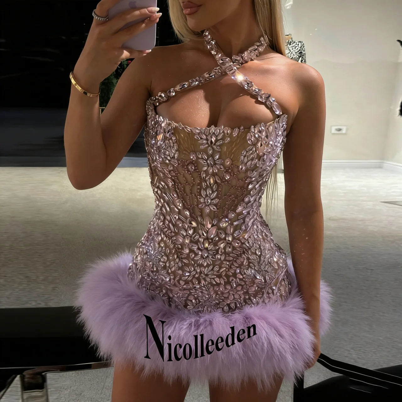 Nicolle Glittering Halter Evening Dresses for Women Rhinestones Formal Evening Celebrity Dresses Vestidos De Gala Customized