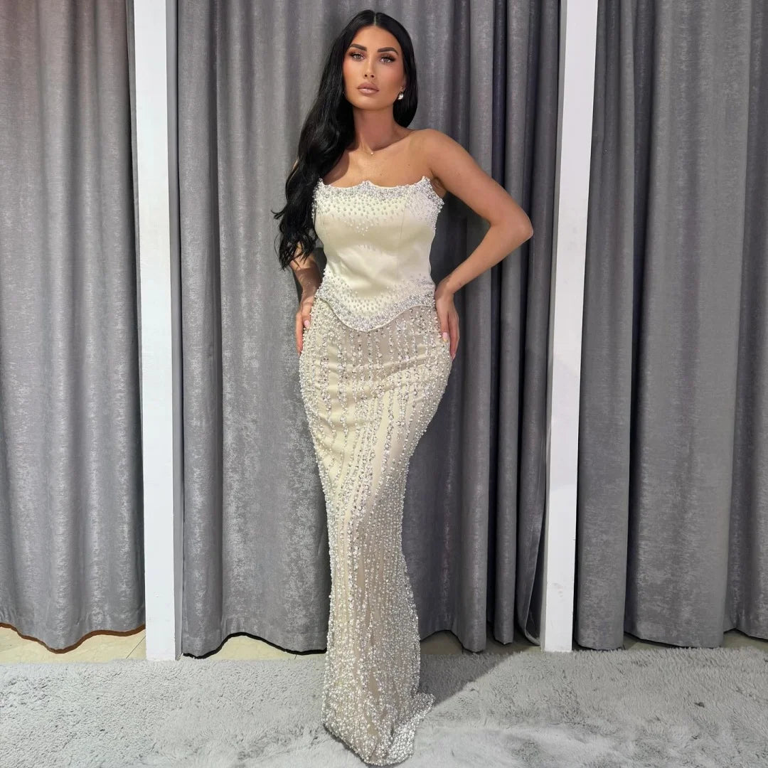Bella Customized Beading Strapless Mermaid robes de soirée Strapless Backless Sleeveless Party Dresses Floor-Length Prom Dress