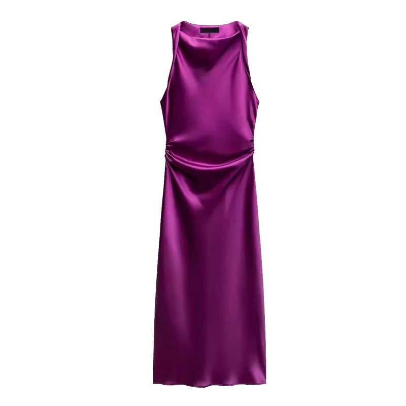 Early Autumn Silk Satin Texture Midi Dr High Waist A-Line Skirt No Sve round Ne Par Dr for Ladies in Their 20s