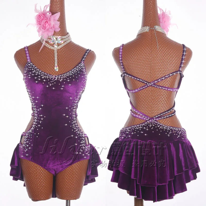 Pole Dancing Latin Dance Dress Steel Pipe Girl Costumes Skirt Performing Dress Adult Customize Children Stretch Velvet Wine Red