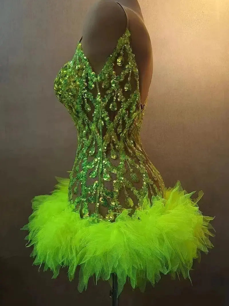 Fluorescent yellow Rhinstone Mesh tube top evening dress sing Gala Elegant Women Party Birthday Special Ocassion Sexy costume