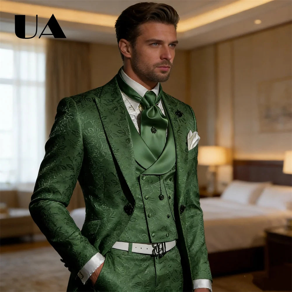 Custom Tailored Mens Three Piece Wedding Suit Jacket Pants Waistcoat Jacquard Prom Suit Attires Blazer Trousers Vest