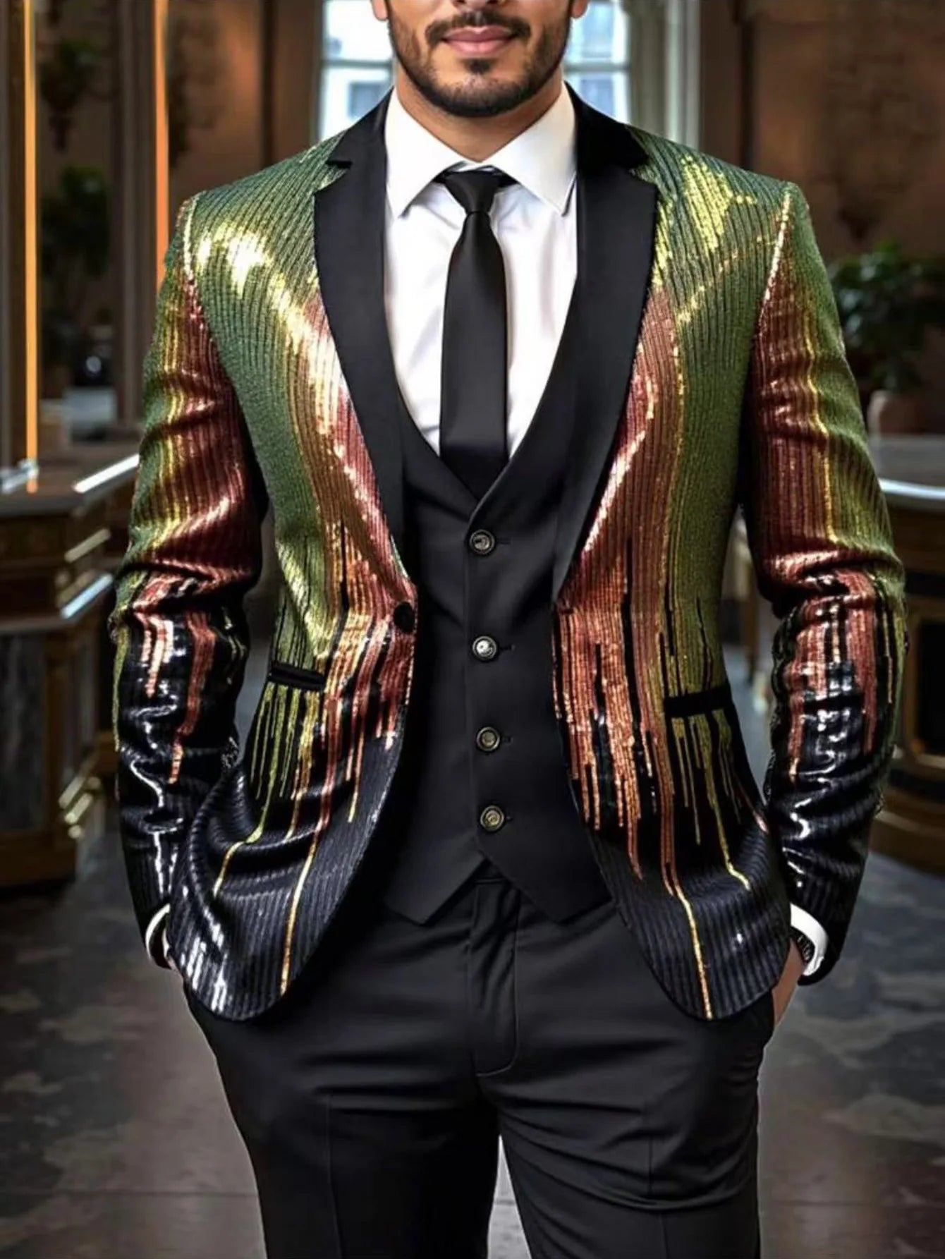 Shiny Sequin Tuxedo Jacket for Men - Royal Blue & Gold Gradient, Black Lapel, Formal Party/Wedding/Stage Wear Coat.