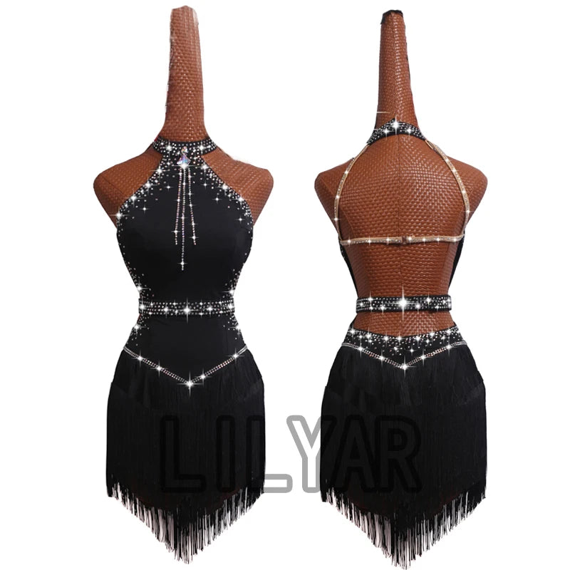 New Latin Dance Dress Competition Dress Costumes Skirt Performing Dress Rhinestone Adult Customize Children Chinese Style Collar
