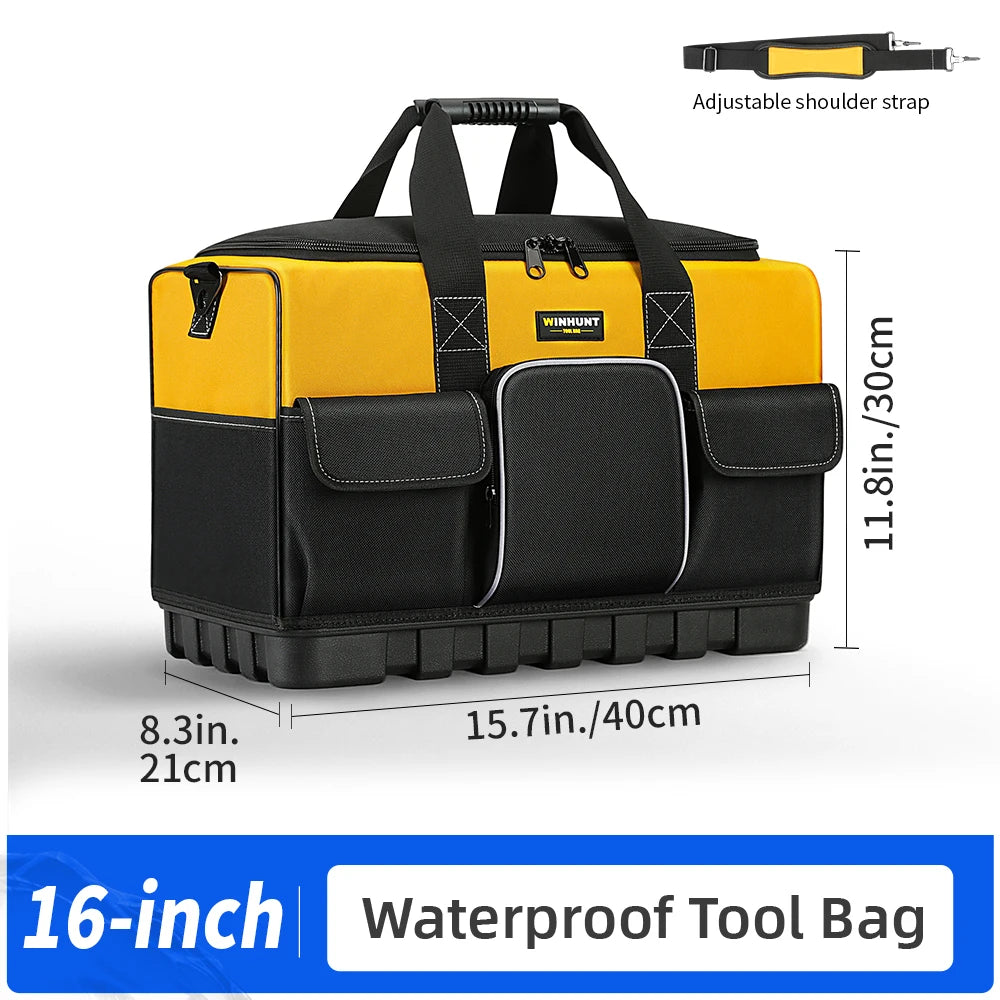 WINHUNT Heavy-Duty Tool Bag with Wide Mouth & Molded Bottom - Adjustable Shoulder Strap, Durable Polyester, Yellow/Black