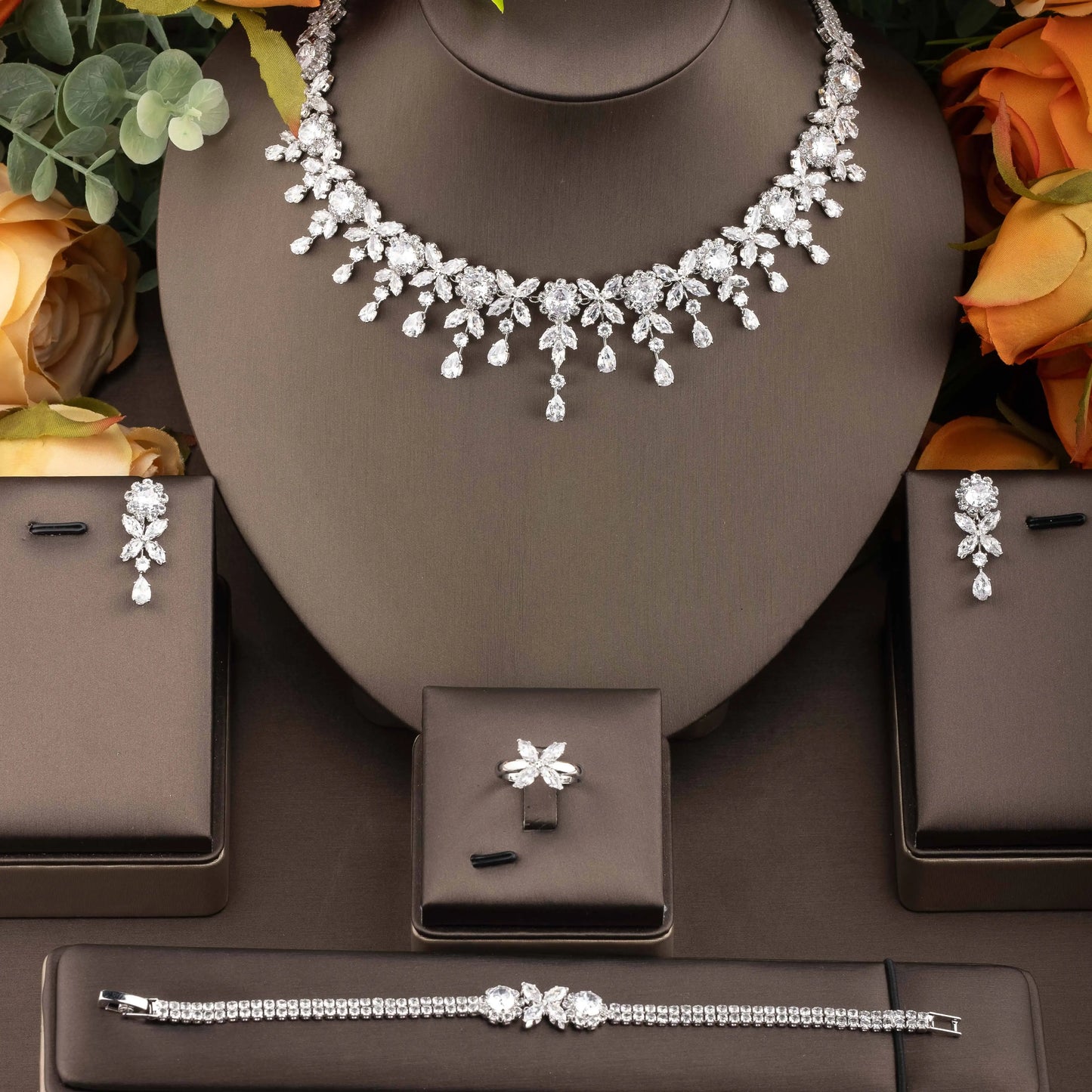 Fashion Cubic Zircon Leaf Pendant Necklace and Earrings Set 4PCS Bridal Wedding Jewelry Set for Women Gifts Bijoux S-353