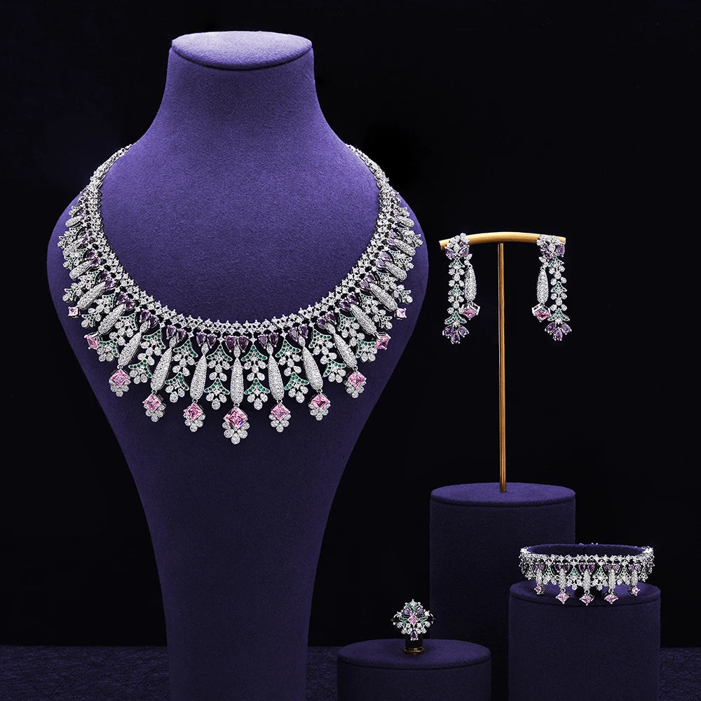 4pcs Bridal Zirconia Full Jewelry Sets For Women Party, Luxury Dubai Nigeria CZ Crystal Wedding Jewelry Sets