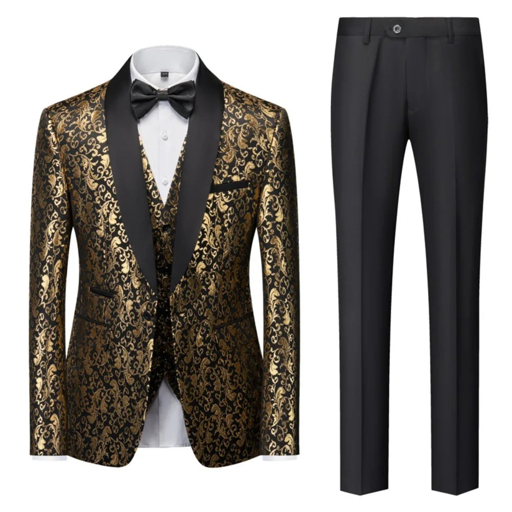 Men's 2026 New 3-Piece Tuxedo Suit Set Gold Jacquard Satin Fabric Black Lapel Contrast Color Pants Formal Evening Party Prom Wed