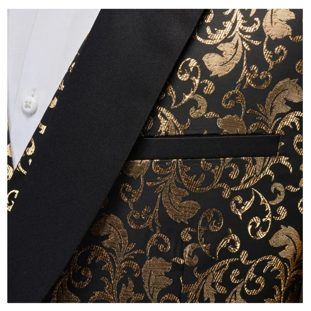 Men's 2026 New 3-Piece Tuxedo Suit Set Gold Jacquard Satin Fabric Black Lapel Contrast Color Pants Formal Evening Party Prom Wed