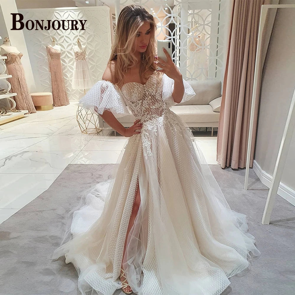 BONJOURY Charming Wedding Dress Mermaid Appliques Button Off the Shoulder Court Train Vestidos De Novia Brautmode Customized