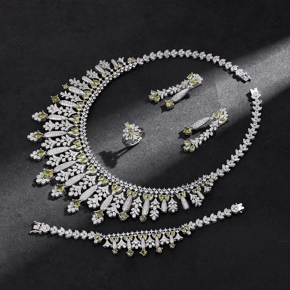 4pcs Bridal Zirconia Full Jewelry Sets For Women Party, Luxury Dubai Nigeria CZ Crystal Wedding Jewelry Sets