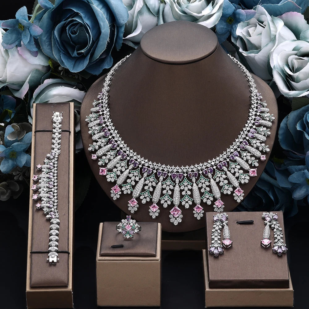 4pcs Bridal Zirconia Full Jewelry Sets For Women Party, Luxury Dubai Nigeria CZ Crystal Wedding Jewelry Sets