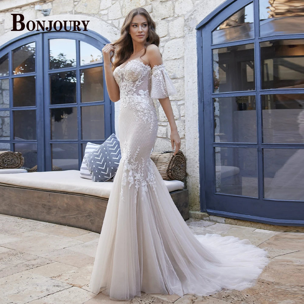 BONJOURY Charming Wedding Dress Mermaid Appliques Button Off the Shoulder Court Train Vestidos De Novia Brautmode Customized