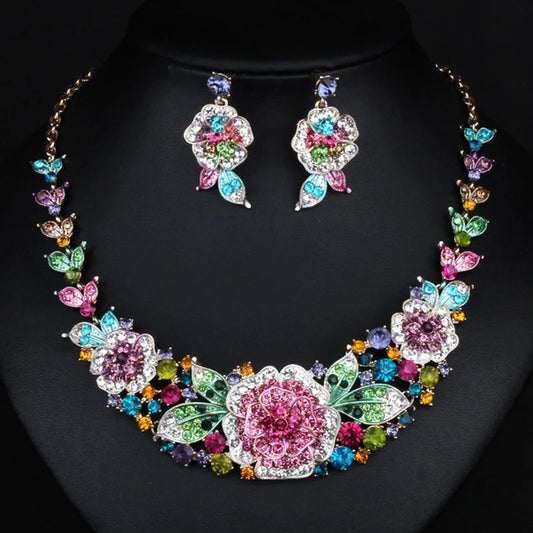 Zlxgirl Luxury Colorful women's Flower necklace And earring jewelry sets fine wedding bridal accessories sets