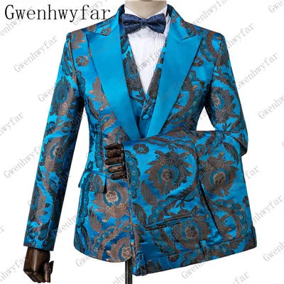 2025 Black with Gold Jacquard Symmetrical Royal Jacquard Classic Velvet Suit Set Business Suits for Men 2019 (Jacket+Pants+Vest)