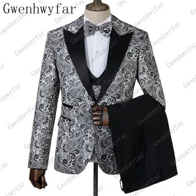 2025 Black with Gold Jacquard Symmetrical Royal Jacquard Classic Velvet Suit Set Business Suits for Men 2019 (Jacket+Pants+Vest)