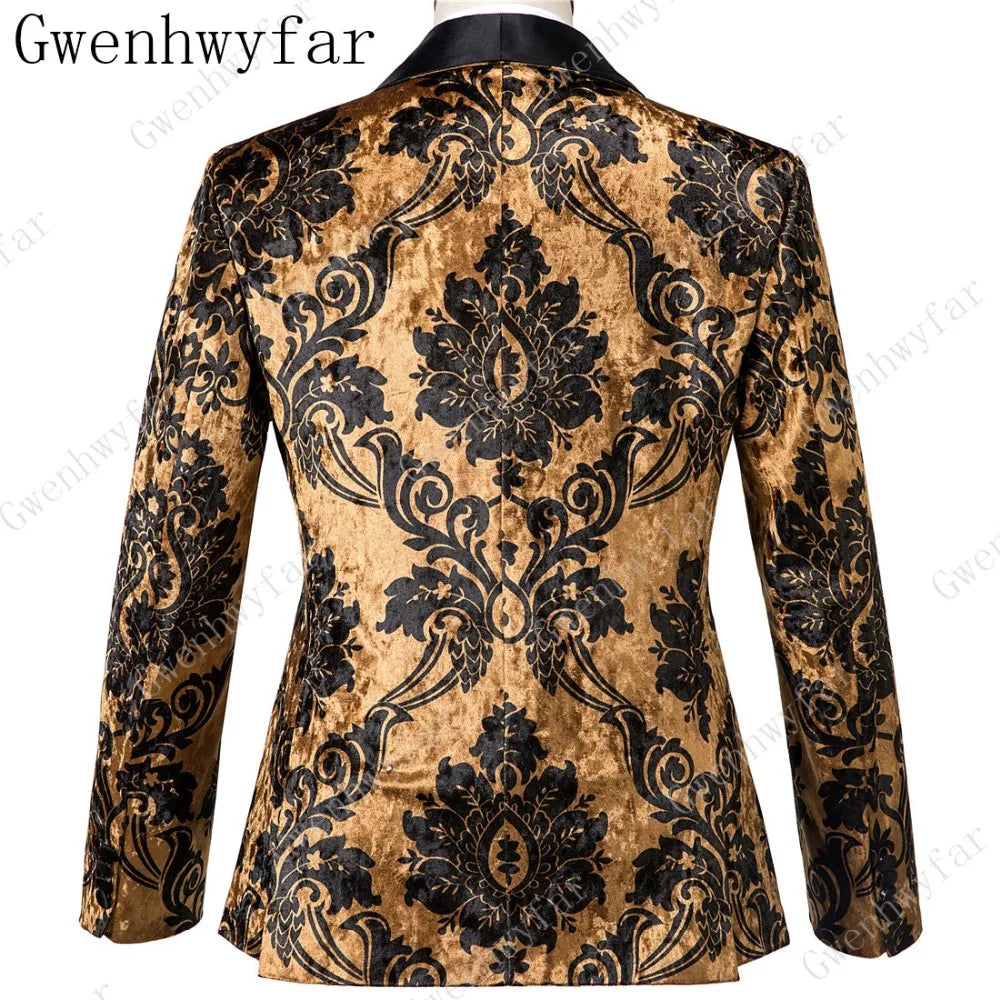 2025 Black with Gold Jacquard Symmetrical Royal Jacquard Classic Velvet Suit Set Business Suits for Men 2019 (Jacket+Pants+Vest)