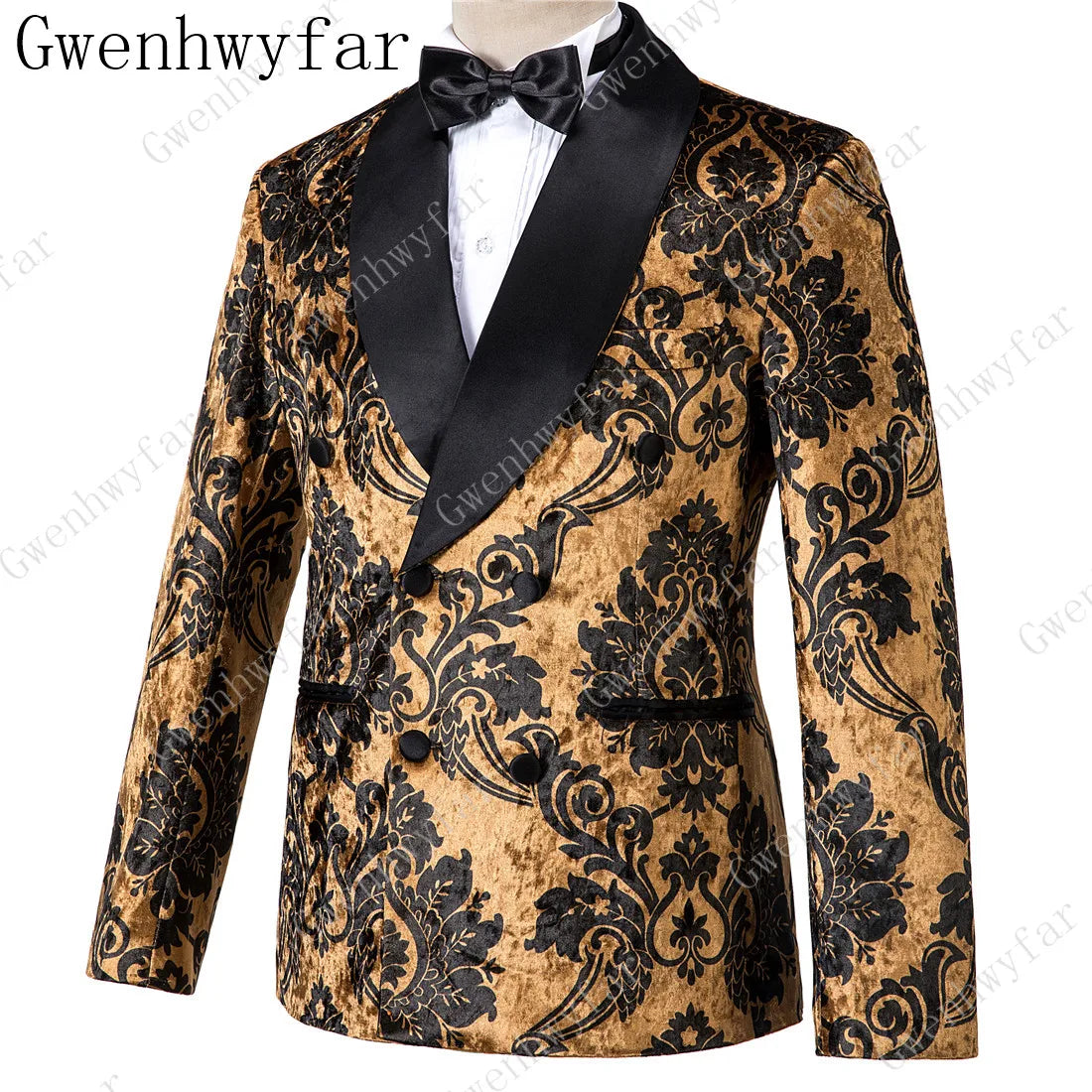 2025 Black with Gold Jacquard Symmetrical Royal Jacquard Classic Velvet Suit Set Business Suits for Men 2019 (Jacket+Pants+Vest)