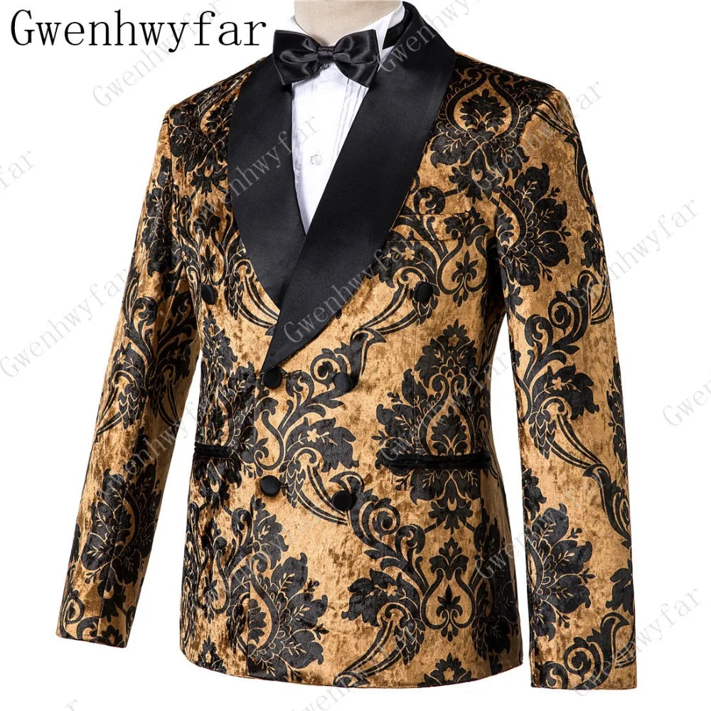 2025 Black with Gold Jacquard Symmetrical Royal Jacquard Classic Velvet Suit Set Business Suits for Men 2019 (Jacket+Pants+Vest)