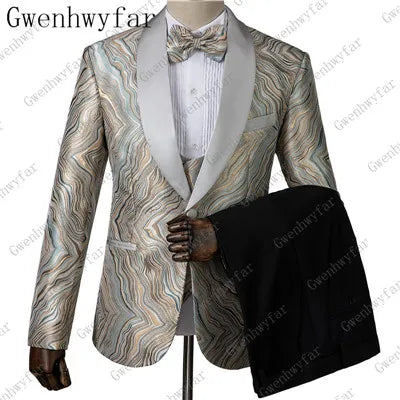 2025 Black with Gold Jacquard Symmetrical Royal Jacquard Classic Velvet Suit Set Business Suits for Men 2019 (Jacket+Pants+Vest)