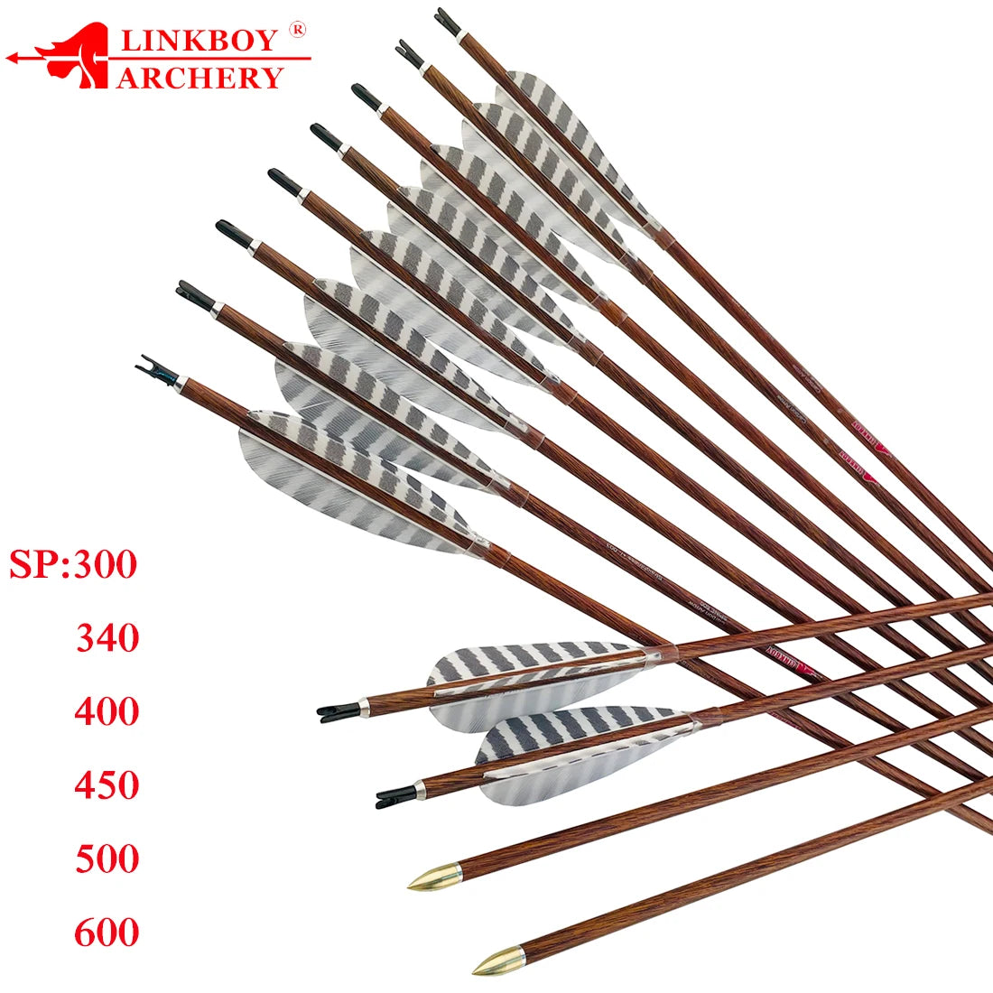 6pc Linkboy Archery 32 Inch Pure Carbon Arrows Spine 300 -900 4" Turkey Feather Wood Skin Arrows for Traditional Bow Hunting