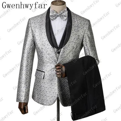 2025 Black with Gold Jacquard Symmetrical Royal Jacquard Classic Velvet Suit Set Business Suits for Men 2019 (Jacket+Pants+Vest)