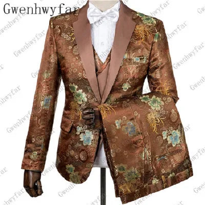 2025 Black with Gold Jacquard Symmetrical Royal Jacquard Classic Velvet Suit Set Business Suits for Men 2019 (Jacket+Pants+Vest)
