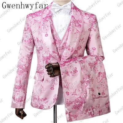 2025 Black with Gold Jacquard Symmetrical Royal Jacquard Classic Velvet Suit Set Business Suits for Men 2019 (Jacket+Pants+Vest)
