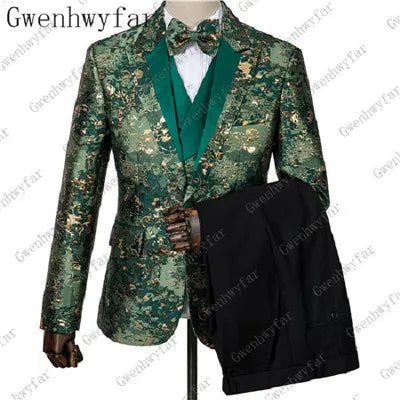 2025 Black with Gold Jacquard Symmetrical Royal Jacquard Classic Velvet Suit Set Business Suits for Men 2019 (Jacket+Pants+Vest)