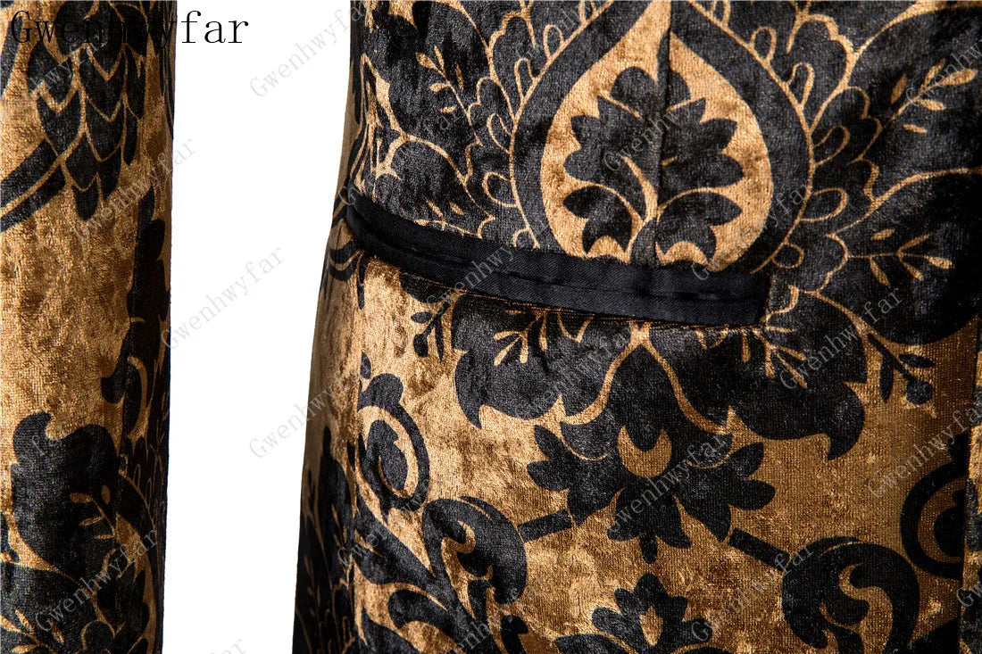 2025 Black with Gold Jacquard Symmetrical Royal Jacquard Classic Velvet Suit Set Business Suits for Men 2019 (Jacket+Pants+Vest)