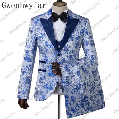 2025 Black with Gold Jacquard Symmetrical Royal Jacquard Classic Velvet Suit Set Business Suits for Men 2019 (Jacket+Pants+Vest)