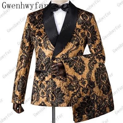 2025 Black with Gold Jacquard Symmetrical Royal Jacquard Classic Velvet Suit Set Business Suits for Men 2019 (Jacket+Pants+Vest)