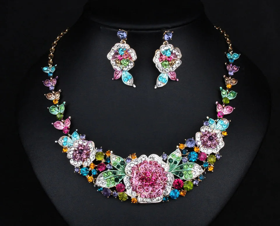 Zlxgirl Luxury Colorful women's Flower necklace And earring jewelry sets fine wedding bridal accessories sets