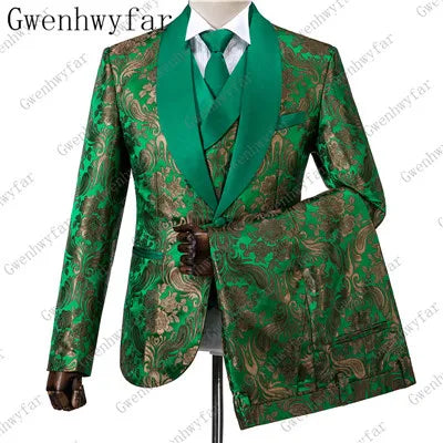 2025 Black with Gold Jacquard Symmetrical Royal Jacquard Classic Velvet Suit Set Business Suits for Men 2019 (Jacket+Pants+Vest)