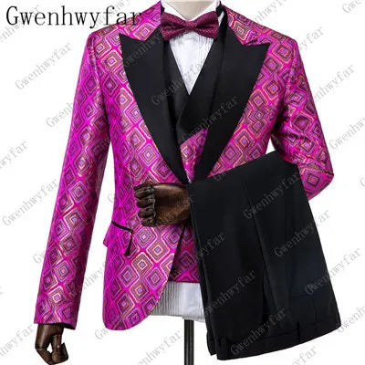 2025 Black with Gold Jacquard Symmetrical Royal Jacquard Classic Velvet Suit Set Business Suits for Men 2019 (Jacket+Pants+Vest)