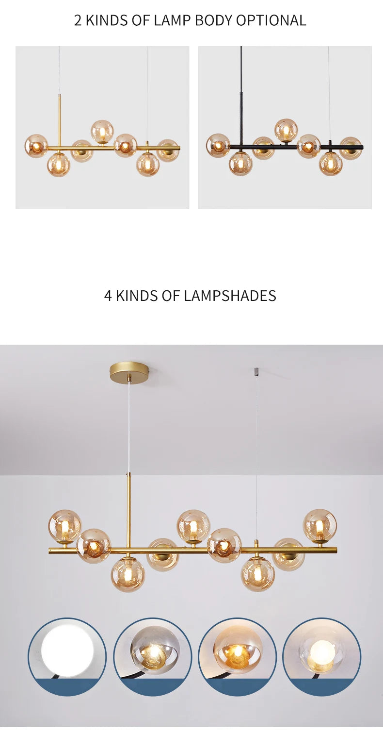 Nordic Modern LED Pendant Gold Light Glass Ball 11 Heads Hanging Lamp for Kitchen Living Dining Room Suspension Luminaire Design