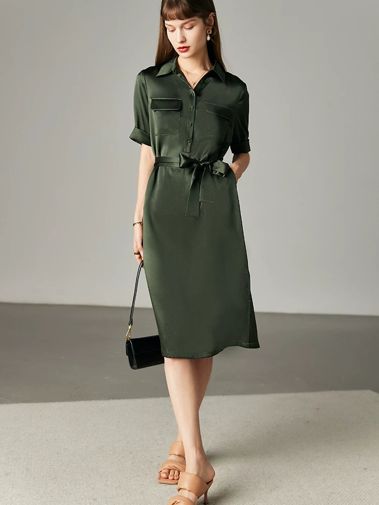 Army Green Satin Silk Dress Summer New Fashion Waist Cinching Temperament Dress, 100% Mulberry Silk A-line Workwear