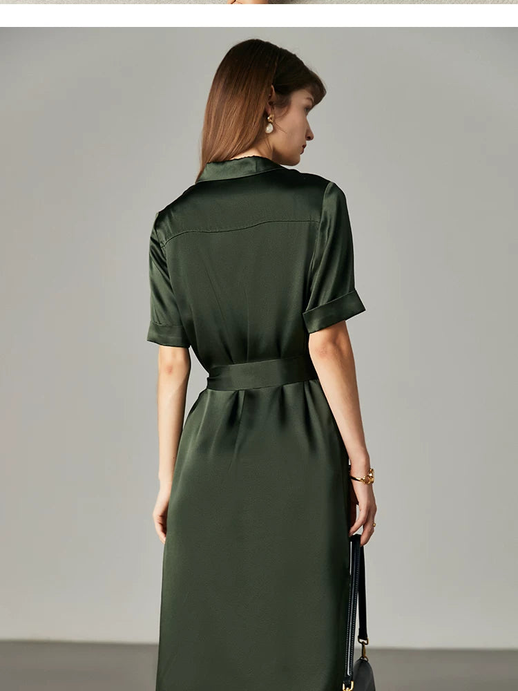 Army Green Satin Silk Dress Summer New Fashion Waist Cinching Temperament Dress, 100% Mulberry Silk A-line Workwear