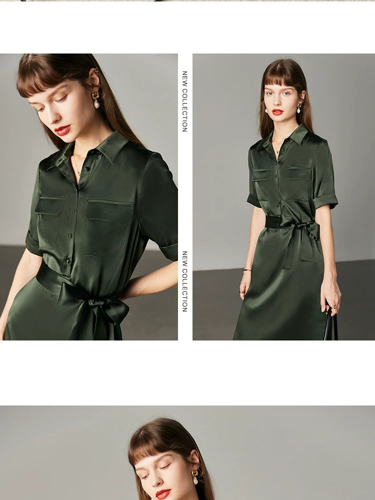 Army Green Satin Silk Dress Summer New Fashion Waist Cinching Temperament Dress, 100% Mulberry Silk A-line Workwear