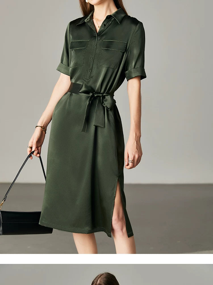 Army Green Satin Silk Dress Summer New Fashion Waist Cinching Temperament Dress, 100% Mulberry Silk A-line Workwear