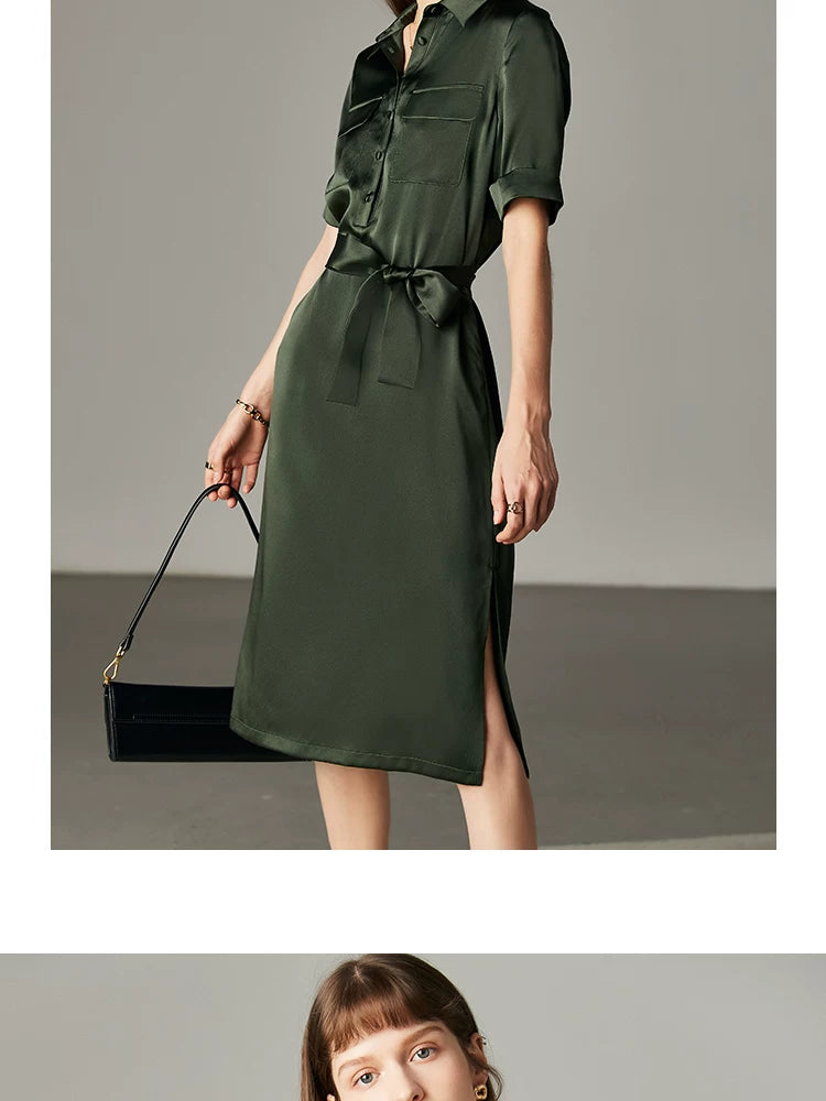 Army Green Satin Silk Dress Summer New Fashion Waist Cinching Temperament Dress, 100% Mulberry Silk A-line Workwear