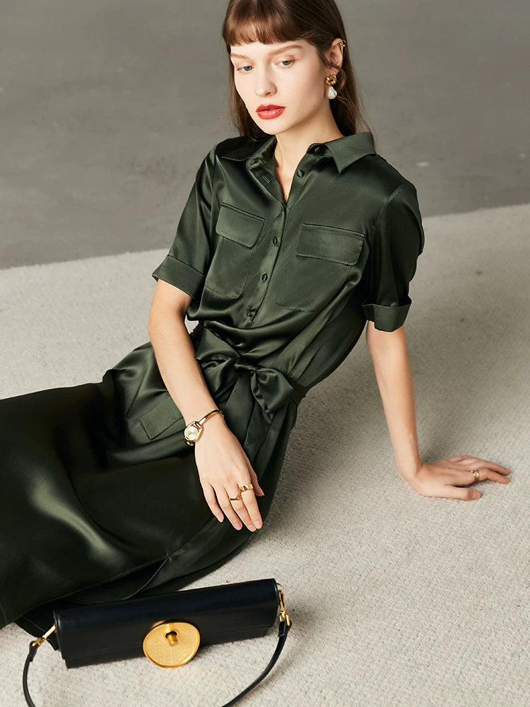 Army Green Satin Silk Dress Summer New Fashion Waist Cinching Temperament Dress, 100% Mulberry Silk A-line Workwear