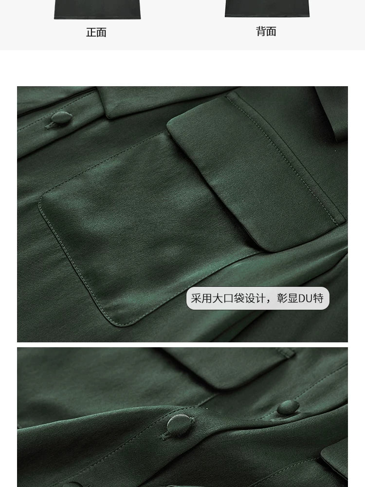 Army Green Satin Silk Dress Summer New Fashion Waist Cinching Temperament Dress, 100% Mulberry Silk A-line Workwear