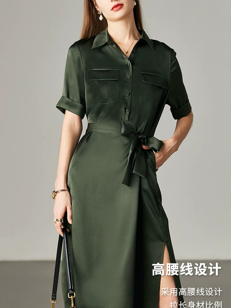 Army Green Satin Silk Dress Summer New Fashion Waist Cinching Temperament Dress, 100% Mulberry Silk A-line Workwear