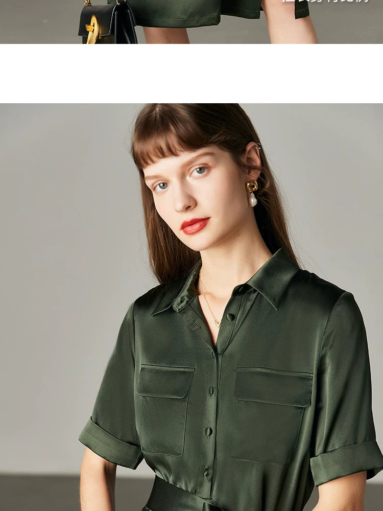 Army Green Satin Silk Dress Summer New Fashion Waist Cinching Temperament Dress, 100% Mulberry Silk A-line Workwear